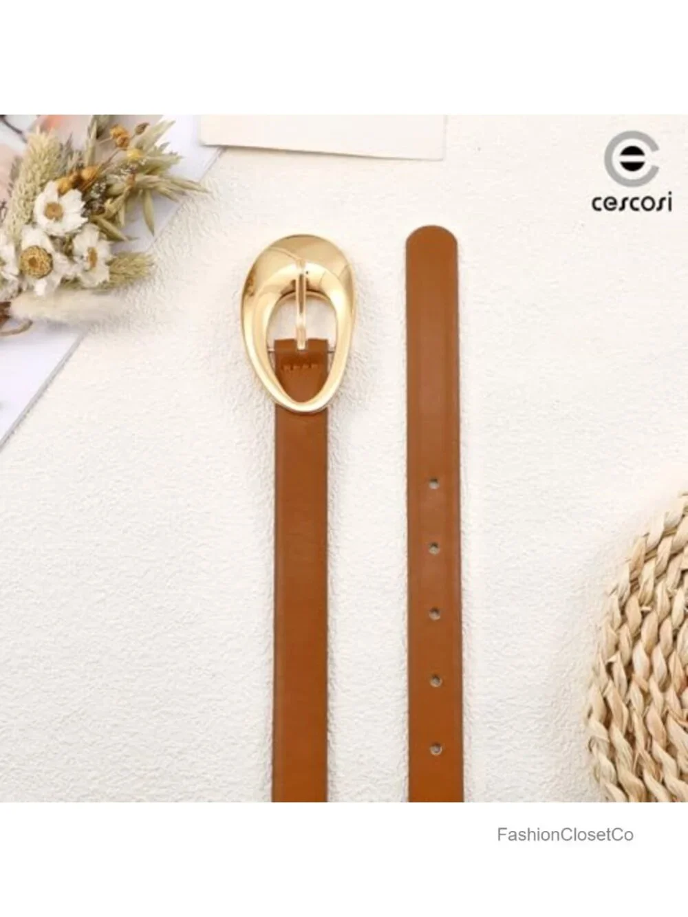 Faux Leather Belt with Gold Oval Buckle for Women Thin Waist